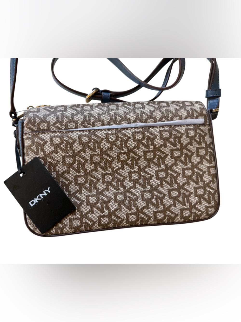 NWT DKNY Beige/Brown Monogram Crossbody with Gold Hardware & Gold Charm - Picture 2 of 6